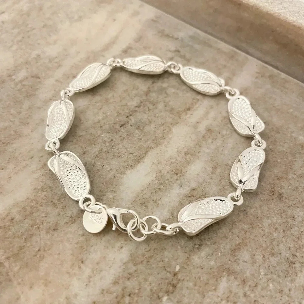925 Sterling Silver Flip Flop Bracelet Shoe Bracelet Beach Vacation Bracelet - Picture 4 of 5